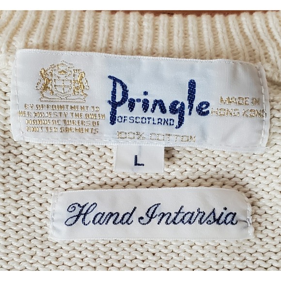 FLAWS Vintage Pringle Of Scotland Men's Large Cotton Sweater Old Money V Neck - Picture 3 of 12